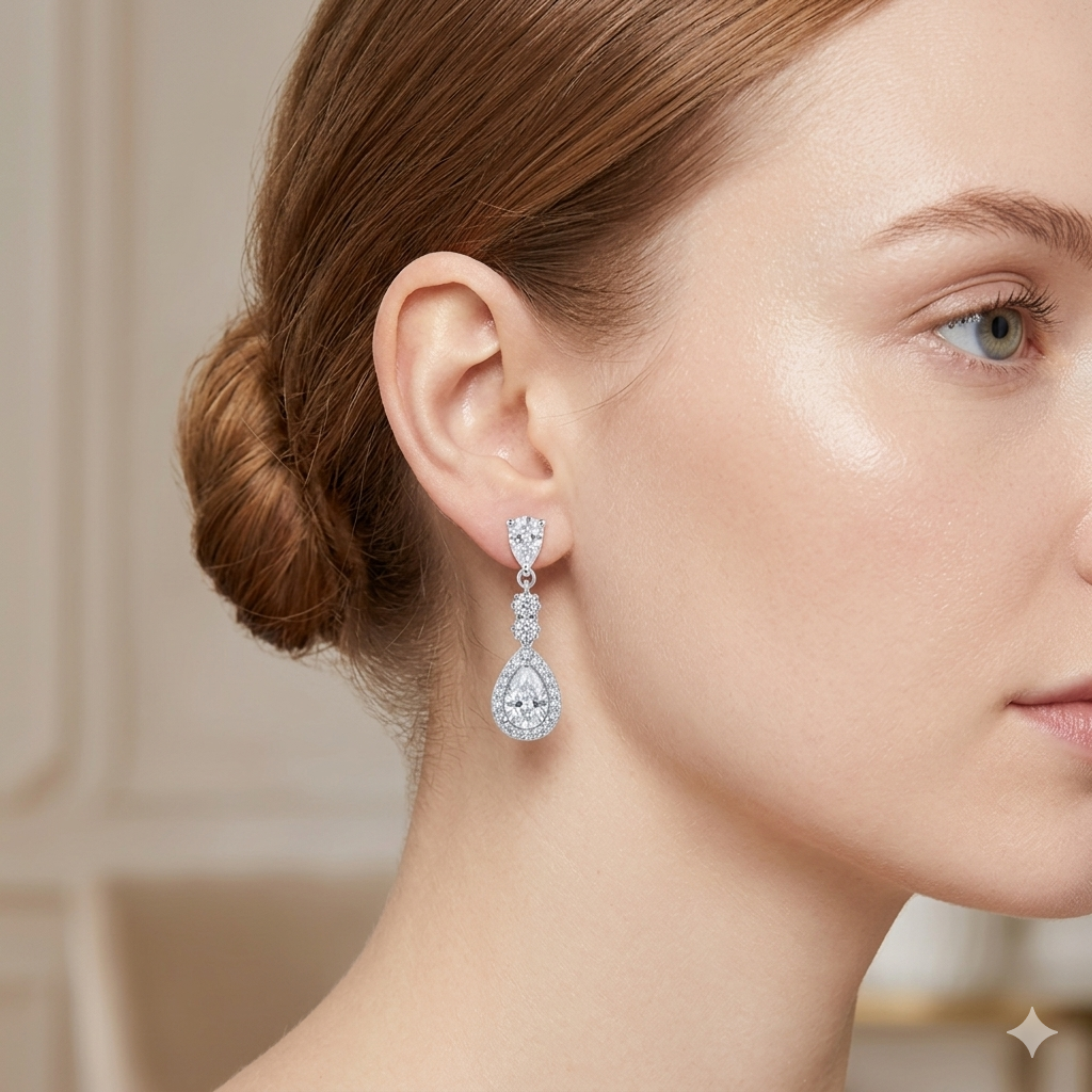 ต่างหูเงิน925ประดับด้วยเพชร CubicZirconia เจียระไนทรงหยดน้ำ (Pear cut)